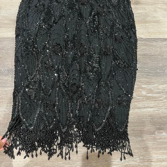 A.J. Bari 90's Black Beaded Vintage Open Back Flapper Dress size 14 - Picture 14 of 16